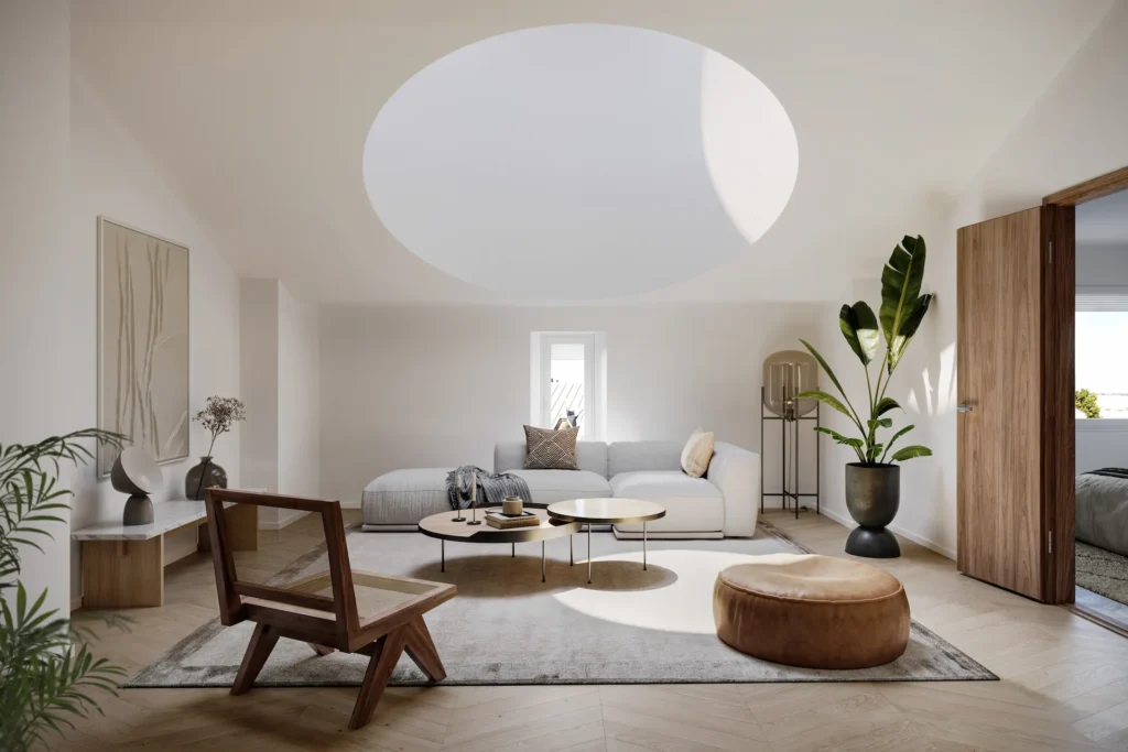 Luxury Helsinki penthouse living room with unique dome skylight featuring Nordic design elements and premium materials - real estate marketing CGI